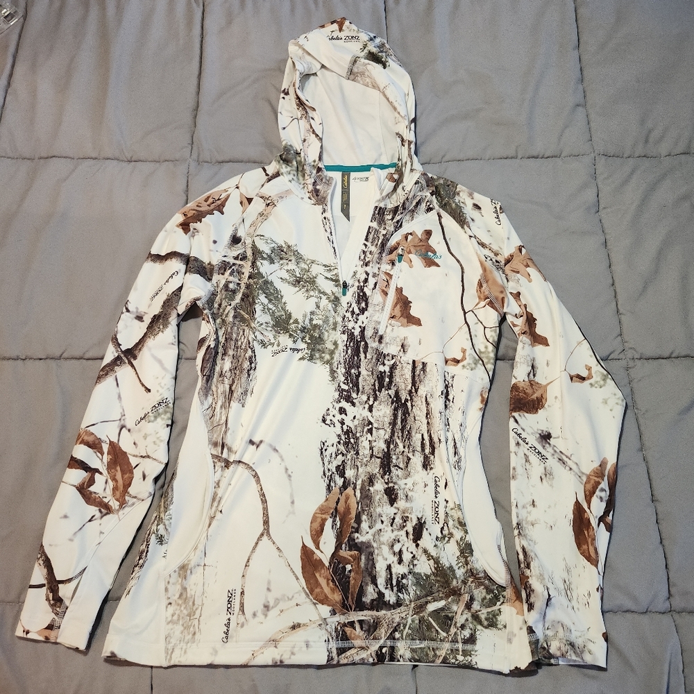 CABELAS ZonZ Woodlands Snow Camo Active Running Performance Pullover Womens Sz S